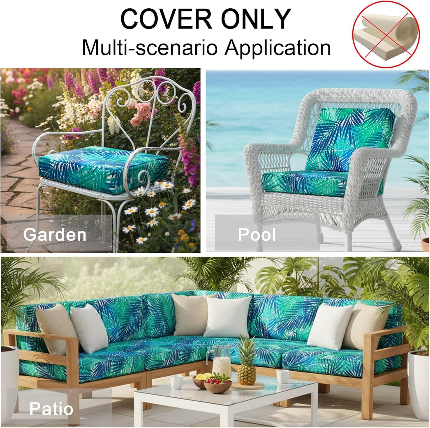 Outdoor Chair Seat Cushion Covers 24 x 24 Inch Waterproof Patio Furniture Cushion Slipcovers with Zipper, Replacement Cover Only