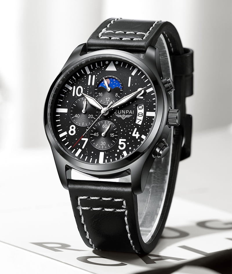 ZUNPAI Watches for men Chronograph Quartz Watch with Luminous Calendar Analog Dial Waterproof Leather Strap Sport Fashion Wristwatch
