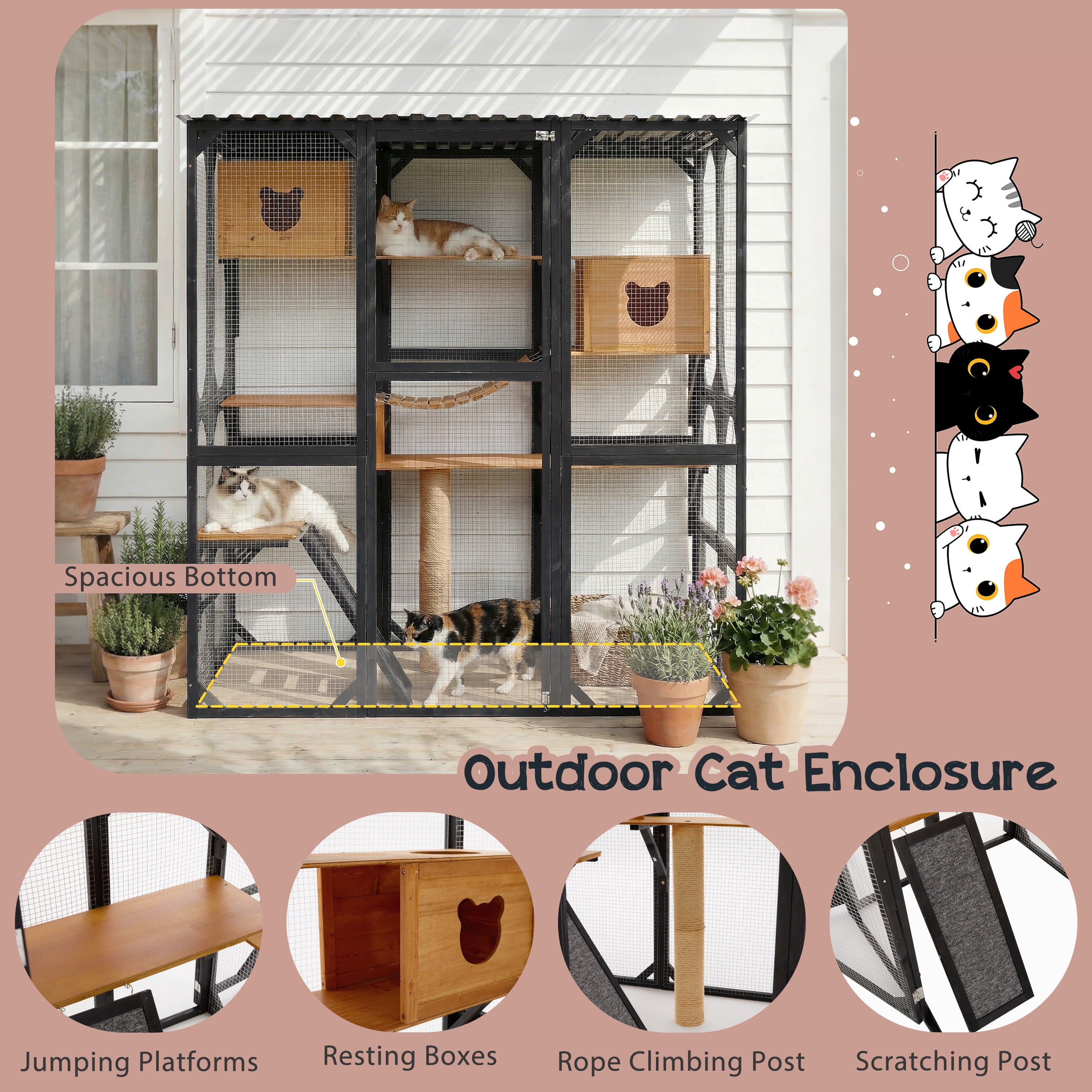 Fir Wood Cat Enclosure, Outdoor Catio House with Sleeping Area for Cats, Black and Brown