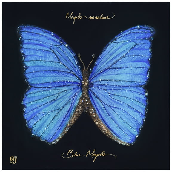 "Blue Monarch Elegance" Crystallus Epoxy Coated Wrapped Glossy Butterfly Canvas Wall Art with Heavy Acrylic Crystal Shards Embellishments