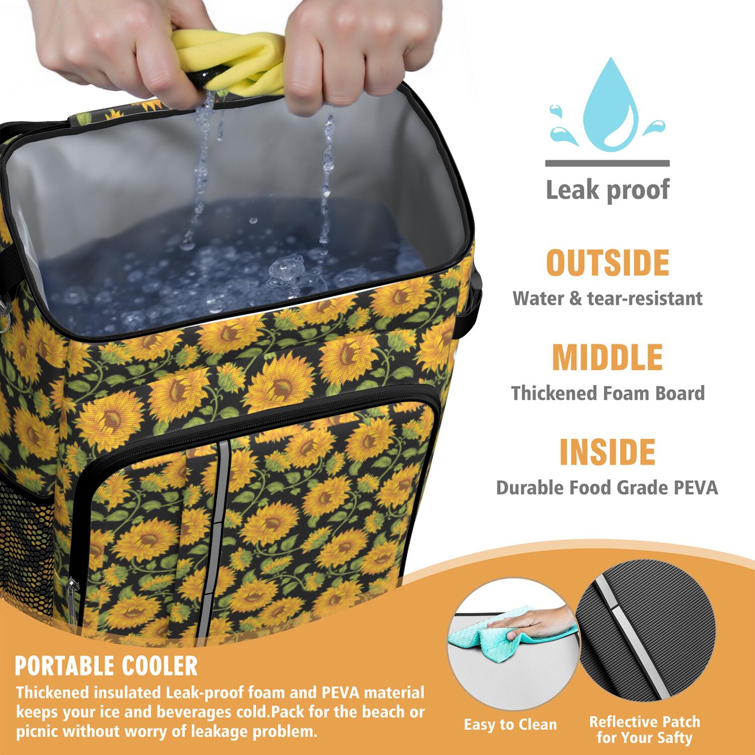 Travel Cooler Bag - Black Sunflower Camping Beer Cooler Backpack with Bottle Opener- Waterproof Insulated Picnic Backpacks - Cooler Bag for Beach