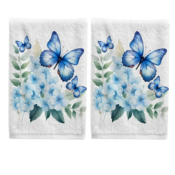 Ryvnso Flowers and Blue Butterflies Hand Towels Set for Bathroom Cotton Face Towel Decorative 15.5x29.5 inch
