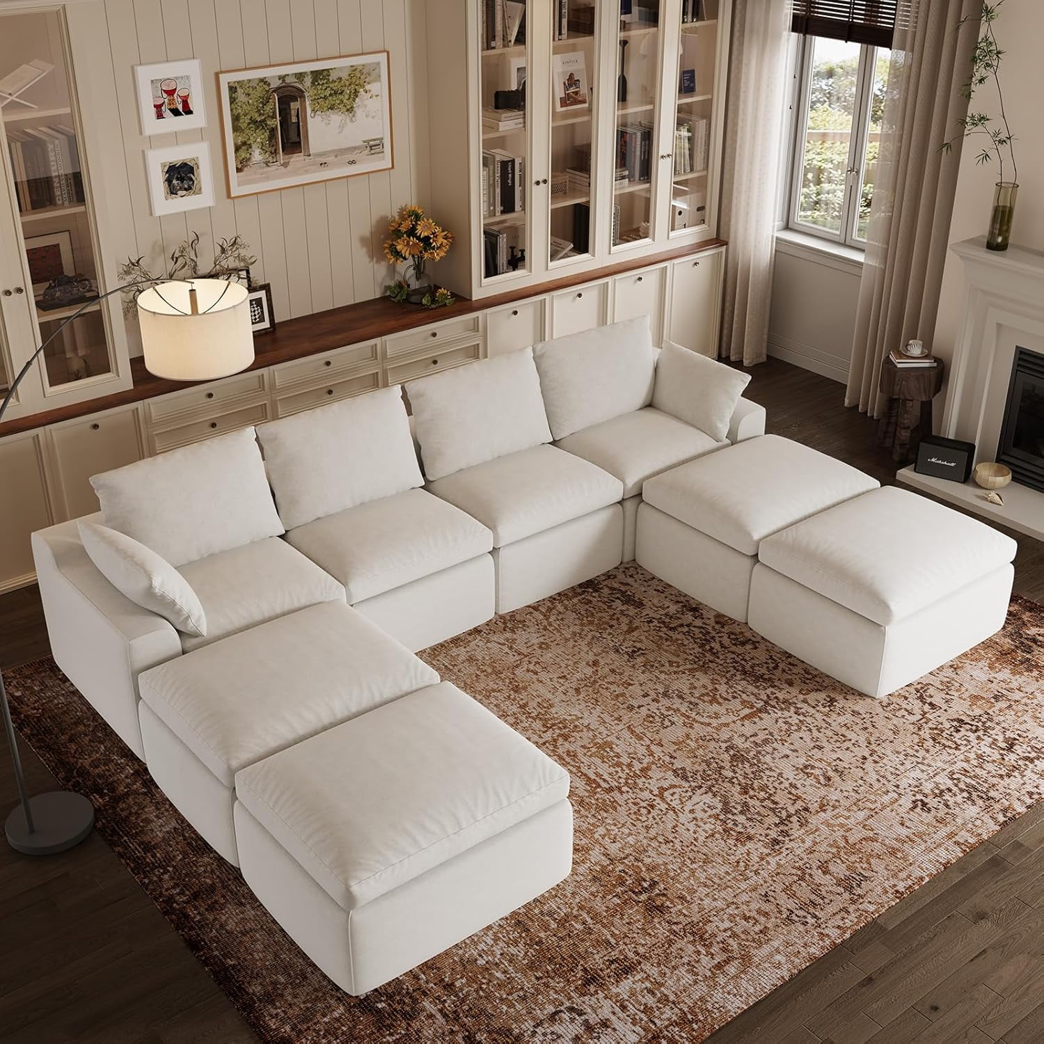 Novilla 133.8" Modular Cloud Couch, Modern Sectional Sofa with Smarts Coil® Support, Chenille Fabric, Upholstered Couch for Living Room Apartments Bedroom, No Assembly, 4 Seater + 4 Ottoman, White