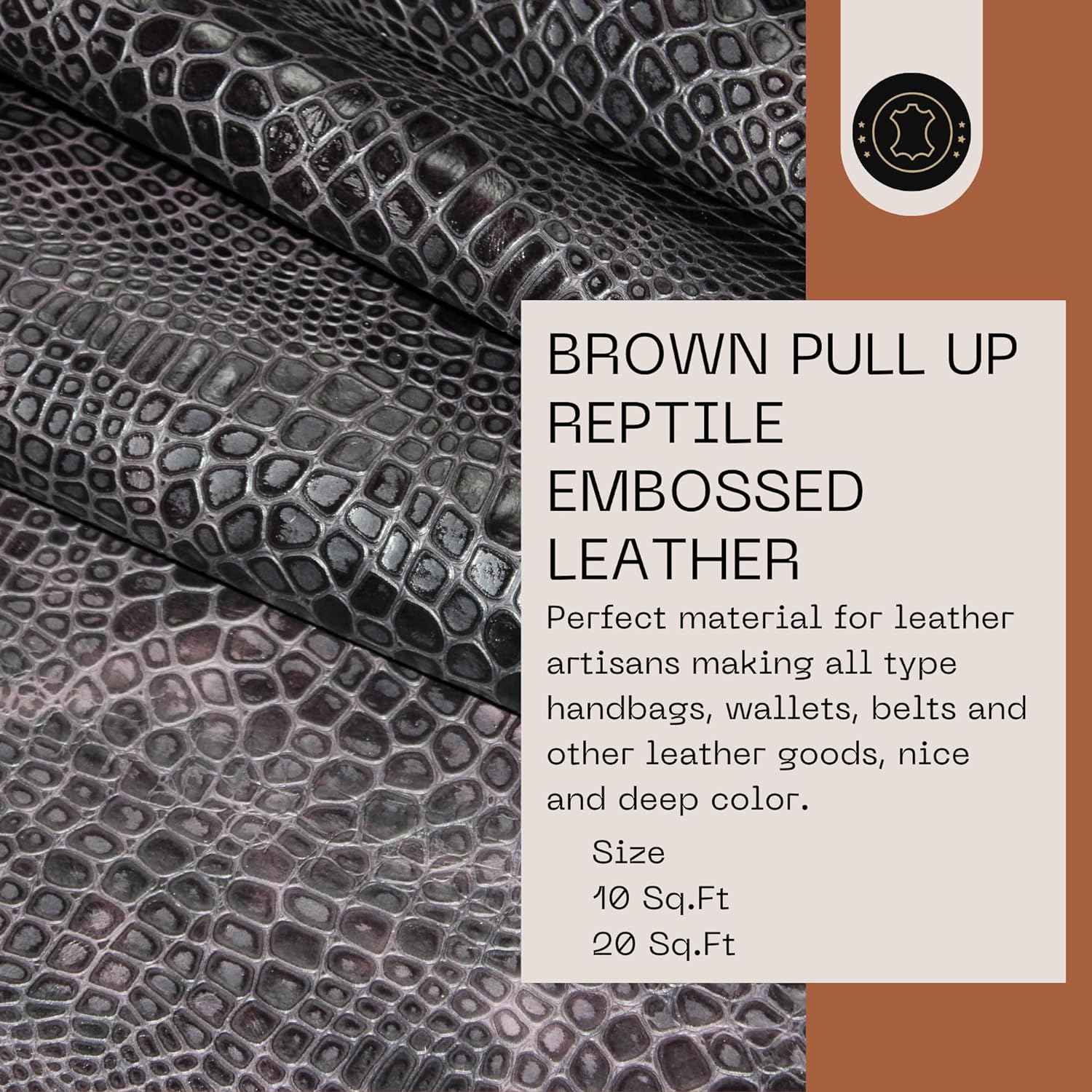ArtisanCowhides Genuine Reptile Embossed Cowhide Leather for Crafts – Brown 10 Sq ft