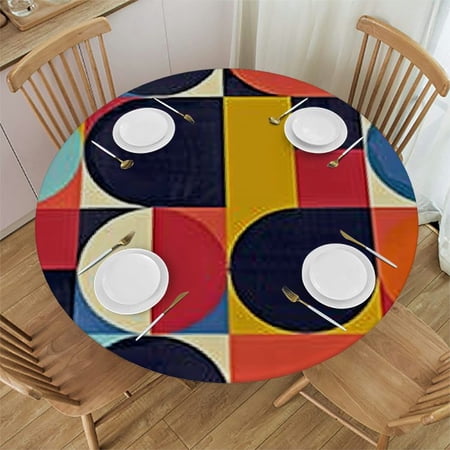 BANET Fitted Round Tablecloth Colorful Geometrical Simple Geometric Art Yellow Circle Table Cover Elastic Edged Table Cloth Fits Round Tables 54 -58