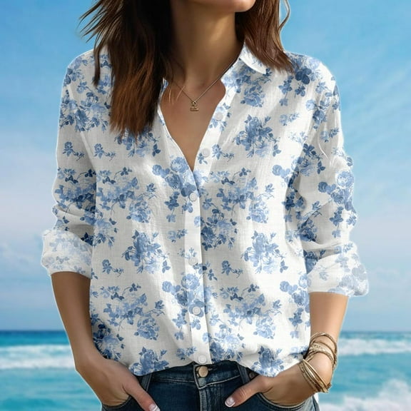 Blue Floral Blouse Shirt, Vintage Rose Women Shirt, Elegant Summer Shirt, Garden Picnic Shirt, Button Down Shirt For Vacation, Gift For Her