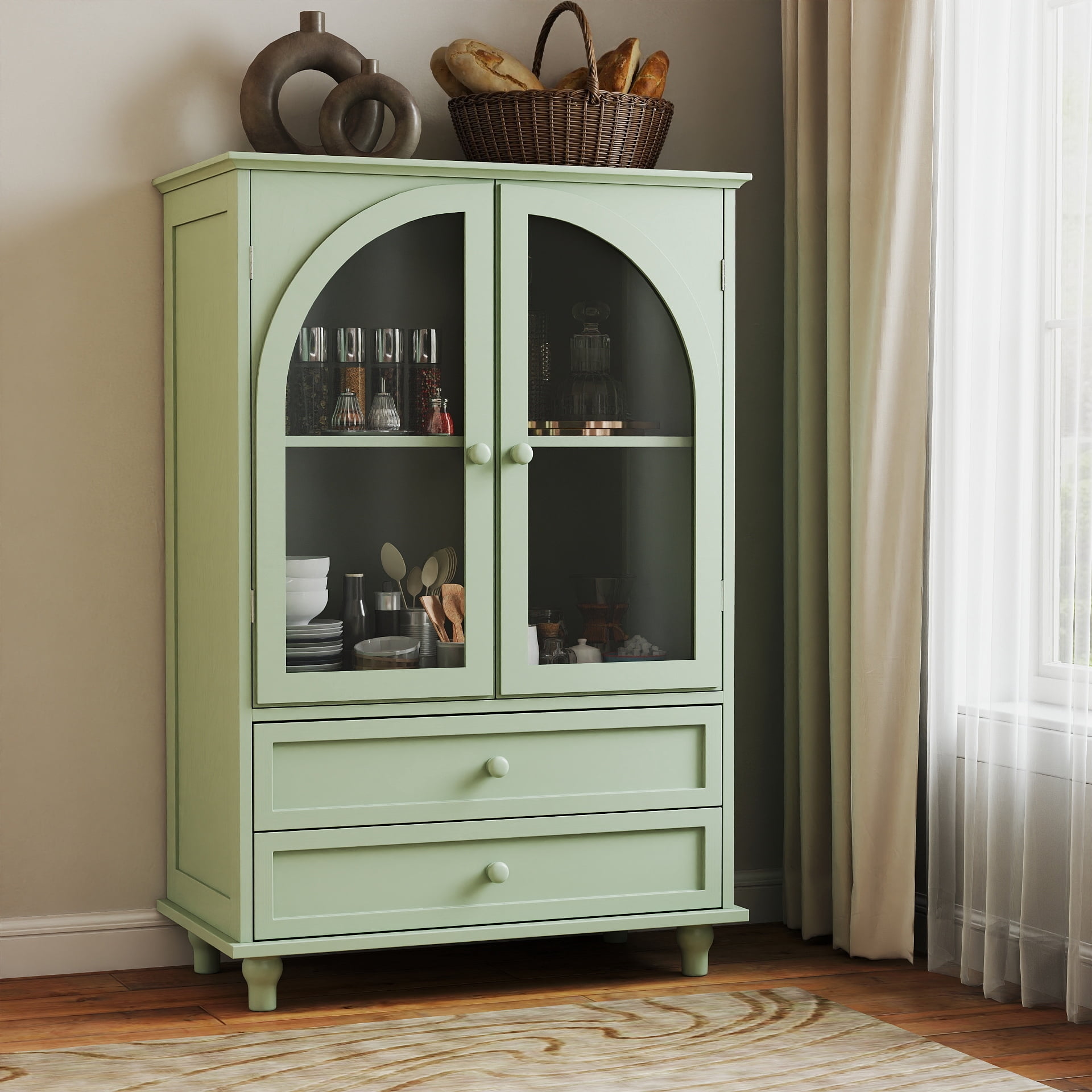 Farmhouse Storage Cabinet, Arched Tempered Glass Door Buffet Sideboard with Tiered Top, 2‑Drawer Pantry Cabinet for Kitchen Dining Living Room Entryway Coffee Bar