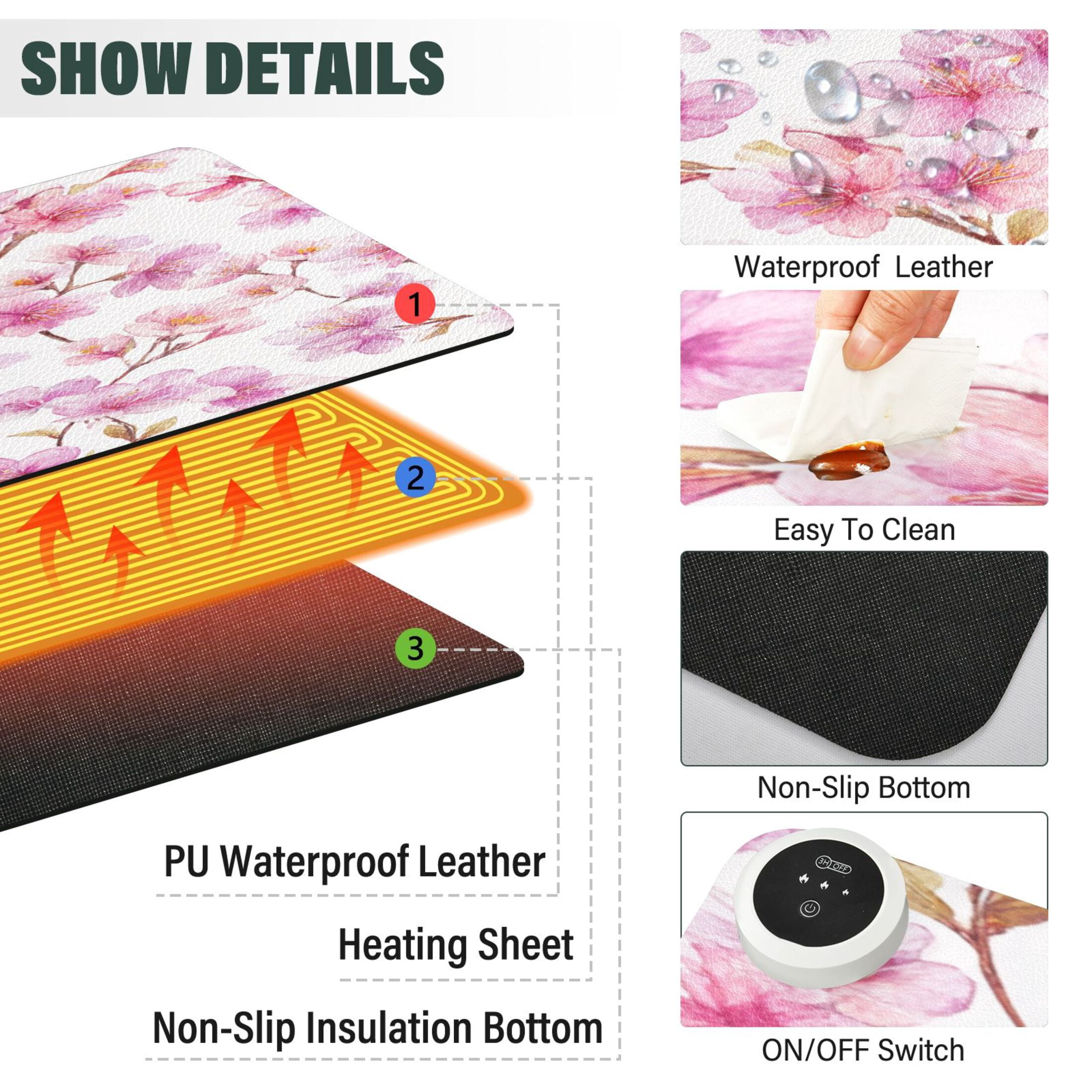 Large Heated Desk Mat Mouse Pad 31.5"x13"PU Leather Graphene Heating Desk Warmer with 3 Temperature Settings 110V US Plug Non-Slip Warm Pad for Home, Office, and Gaming Spring Cherry Blossom Glow