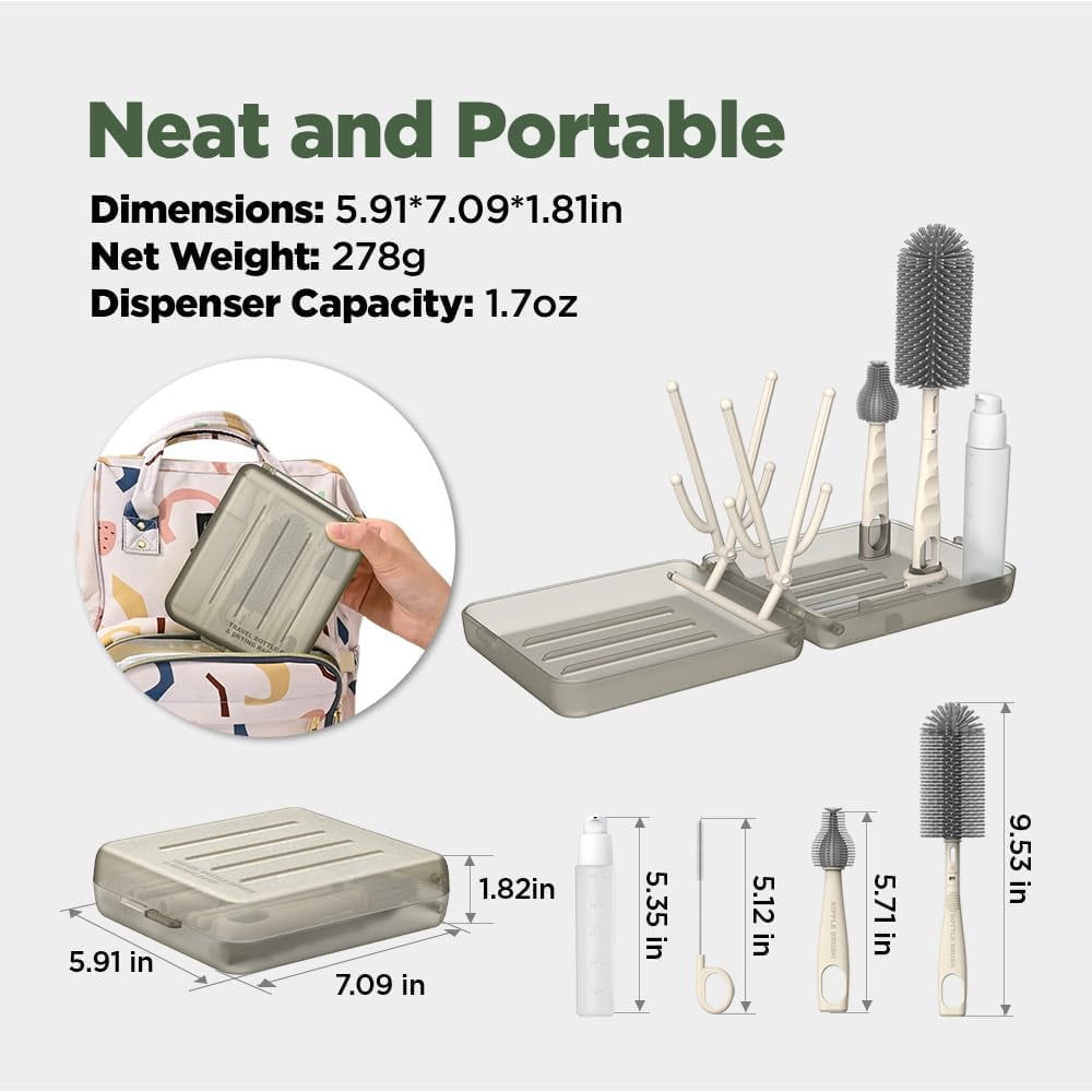 Travel Bottle Brush, Travel Essential Bottle Cleaner Kit with Silicone Bottle Brush, Nipple Cleaner Brush, Straw Brush, Soap Dispenser, Storage Box, Bottle Drying Rack for Home and Travel(Coffee)