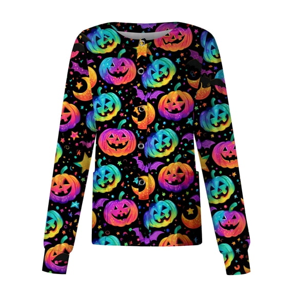Halloween Scrub Jackets for Women Pumpkin Ghost Bat Print Shirts Snap Front Short Sleeve Nursing Uniform with Pockets Spooky Medical Work Cardigan Jacket,Dark Purple,5XL