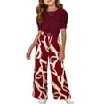 thumbnail image 2 of Babcutegg Girls Summer Two-Piece Outfit – Puff Sleeve Short Sleeve Top & Printed Wide Leg Pants Set for Kids Wine Size 7-8, 2 of 5