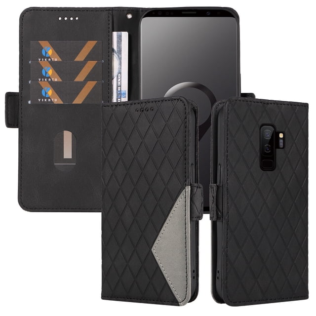 Compatible with Samsung Galaxy S9 Plus PU Leather Wallet Case with Card Holder Magnetic Closure Cover. This black PU leather folio flip case features a diamond-patterned exterior and a magnetic closure for secure storage. The interior includes three card slots, a cash pocket, and a transparent ID window, combining wallet functionality with phone protection. The case provides full-body protection, covering the front and back, and includes a kickstand for hands-free viewing. Designed for easy access to all phone functions, including the camera and microphone.