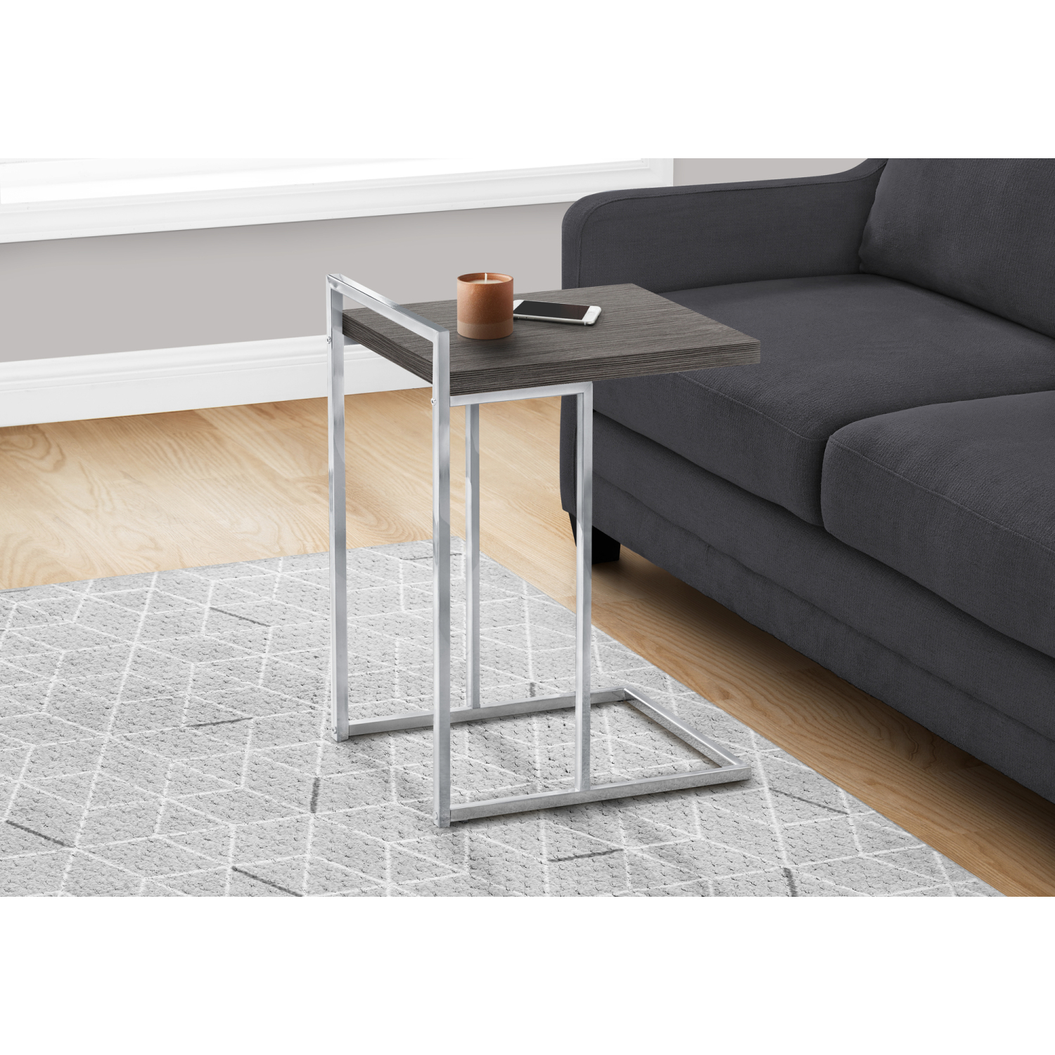 C-Shaped Accent Table, Chrome & Grey Laminate, End Table for Living Room, Bedroom