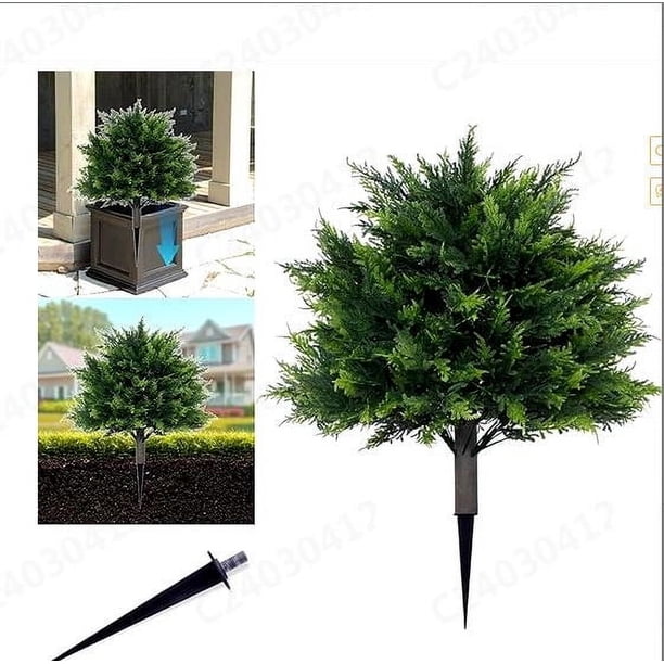 Arbustos de cedro artificiales con estacas para plantar en el suelo y en macetas. Planta artificial de hoja perenne para porche, jardín, interior y exterior.