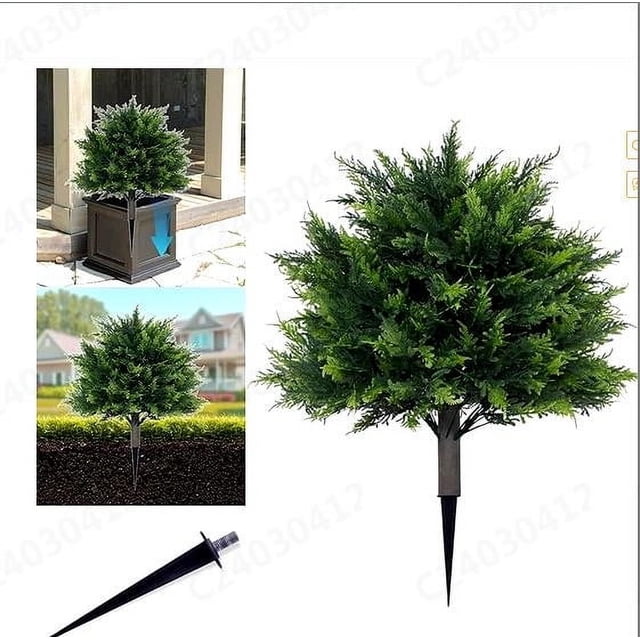 Arbustos de cedro artificiales con estacas para plantar en el suelo y en macetas. Planta artificial de hoja perenne para porche, jardín, interior y exterior.