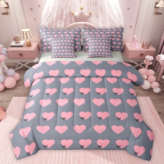 Feelyou Cute Princess Bowknot Twin Bedding Sets 7-Piece, Love Heart Grey Pink Bedding Comforter Set, Teens Kids Boys Girls Reversible Sheet Sets, Luxury Bedroom Decor