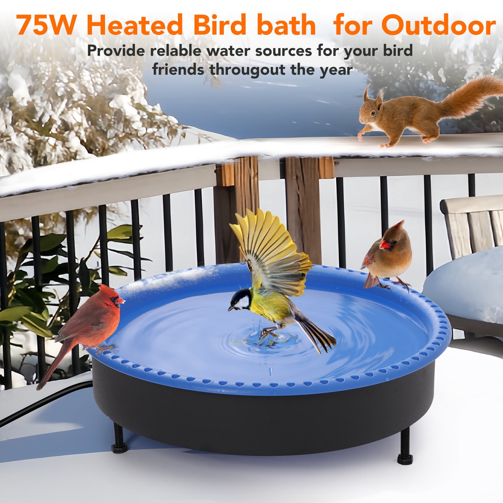 2 in 1 Heated Bird Bath for Outdoors for Winter,75W Bird Bath Heater with Thermostatically Controlled，Heated Bird Bath for Deck Railing for All Seasons Outdoor Garden Yard Patio Lawn(Blue)