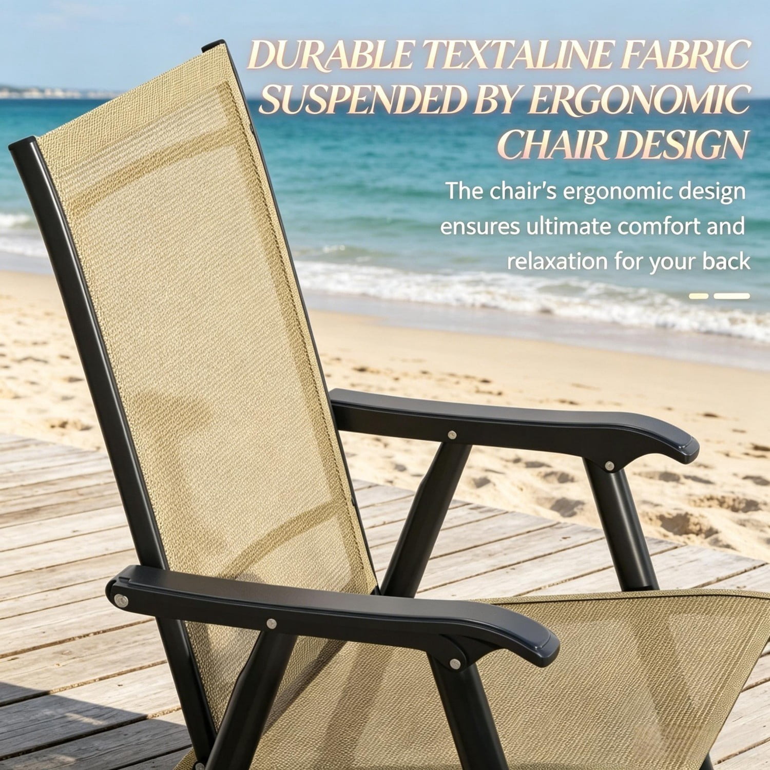 Outdoor Folding Chairs Set of 4, Portable Lawn Chairs with Breathable Sling Mesh, Powder-Coated Steel Frame, Armrests for Camping, Patio, Beach, Events, Black & Brown