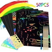 Pakesi Scratch Art Set, 50Pcs Rainbow Magic Scratch Off Arts Black Scratch Off Art With 5 Wooden Stylus?4 Drawing Stencils,1 Pencil Brush For Easter Party Game Christmas Birthday Gift