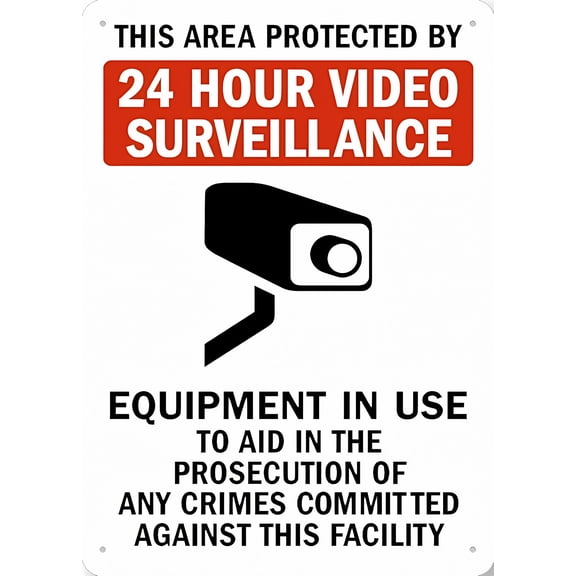 24Hr Video Surveillance Metal Aluminum Sign, 8"x12" Weather Resistant Weatherproof Decor, Indoor Outdoor Security