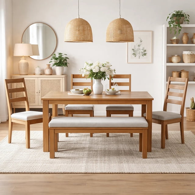 Comedor Mérida Remates MX 6 Piezas Madera Sólida de Pino Color Nogal