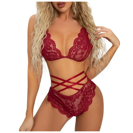 

Gaiseeis Women Lingerie Ladies Erotic Lingerie Sexy Strap Lace Hollow Set Red L