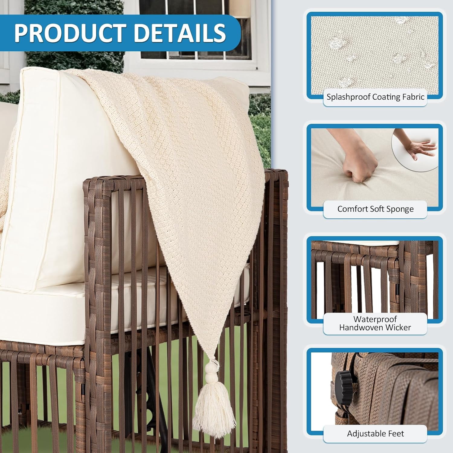 Ainfox 7 Pieces Outdoor Wicker Patio Furniture Set, Adjustable Backrest Sectional Conversation Couch with Thick Cushions & Coffee Table for Garden Porch Poolside, Brown/Beige