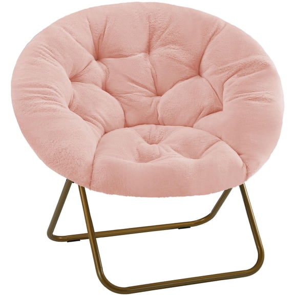 Rosy Faux Fur Saucer Chair, Cozy Foldable Lounge Seat With Gold Metal Frame