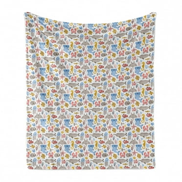 Underwater Soft Flannel Fleece Throw Blanket, Doodle Sea Jellyfish Octopus Starfish Anemone Fish Narwhal Crab Pattern, Cozy Plush for Indoor and Outdoor Use, 50" x 60", White Multicolor, by Ambesonne