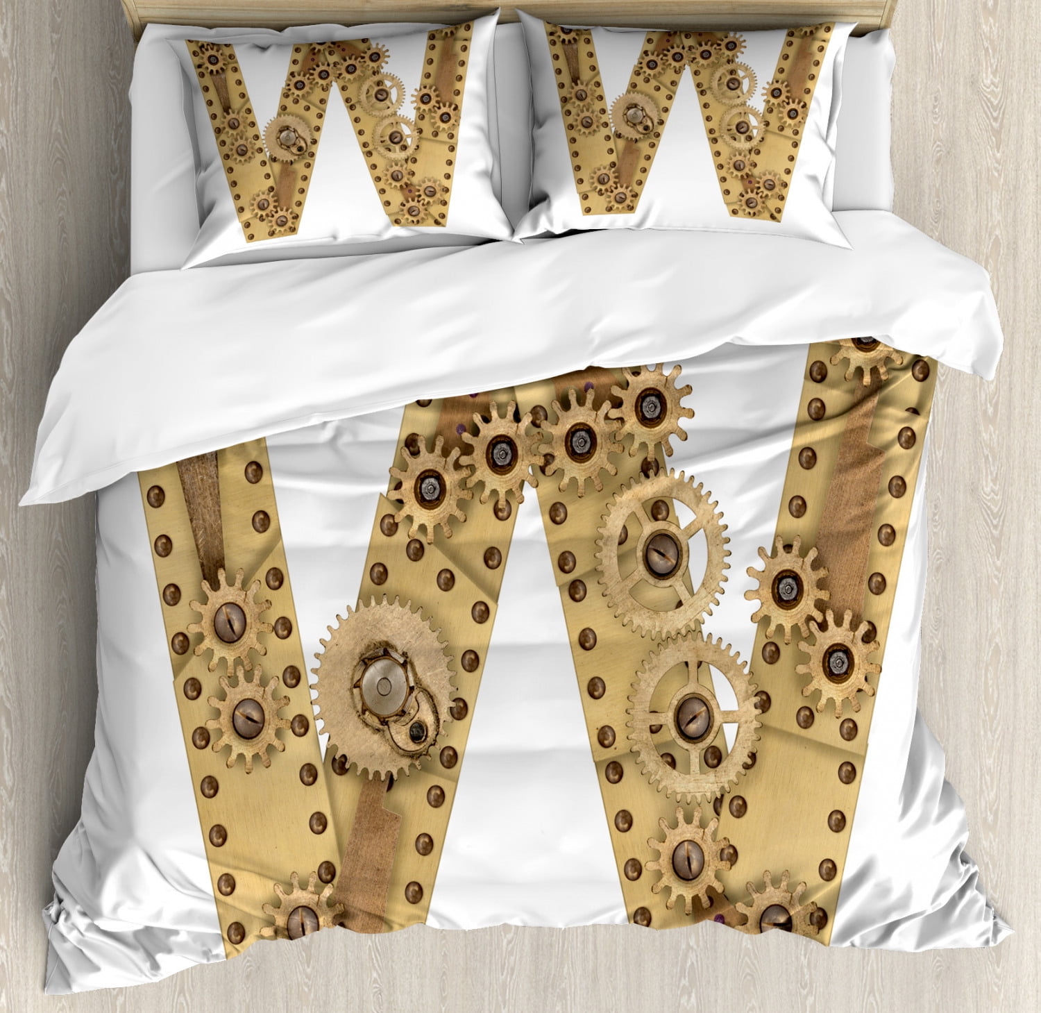 Queen Size Sand Brown Steampunk Style Duvet Cover Set