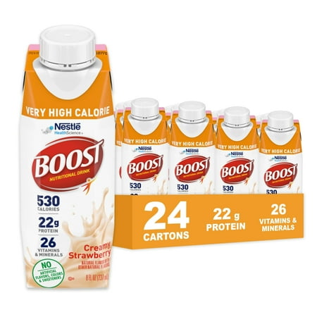 BOOST Very High Calorie Nutritional Protein Drink, Creamy Strawberry, 8 Fl oz, Pack of 24