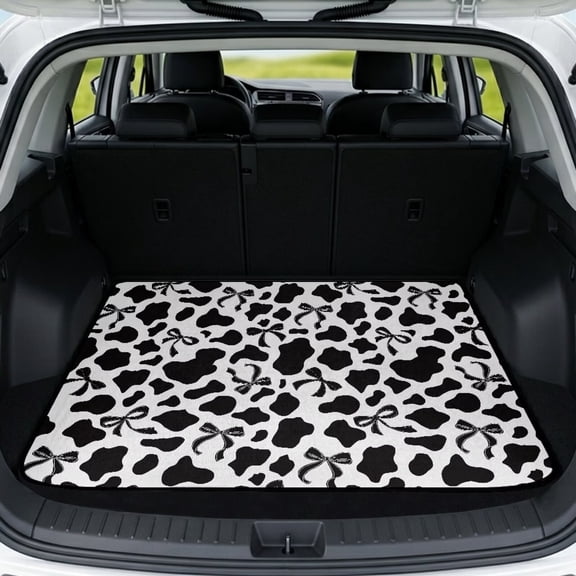 Yspwyqan Universal Car Trunk Mat 29" x 39", Cow Print Bow Grip-Backed Season-Resistant Trunk Mat, Cute Auto, Fit for Most Sedan SUV Wagon Models for Daily Use & Road Trips
