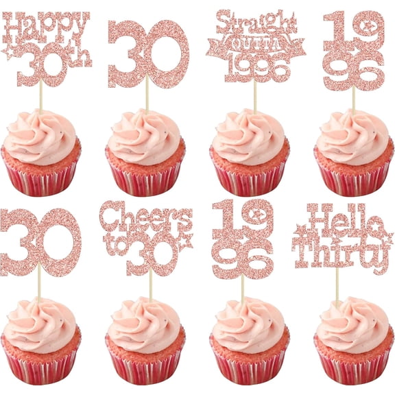 8Pcs Rose Gold Glitter 30th Birthday Cupcake Toppers, "Hello 1996, Cheers to 30" Picks for 30th Birthday Party Cake Decorations