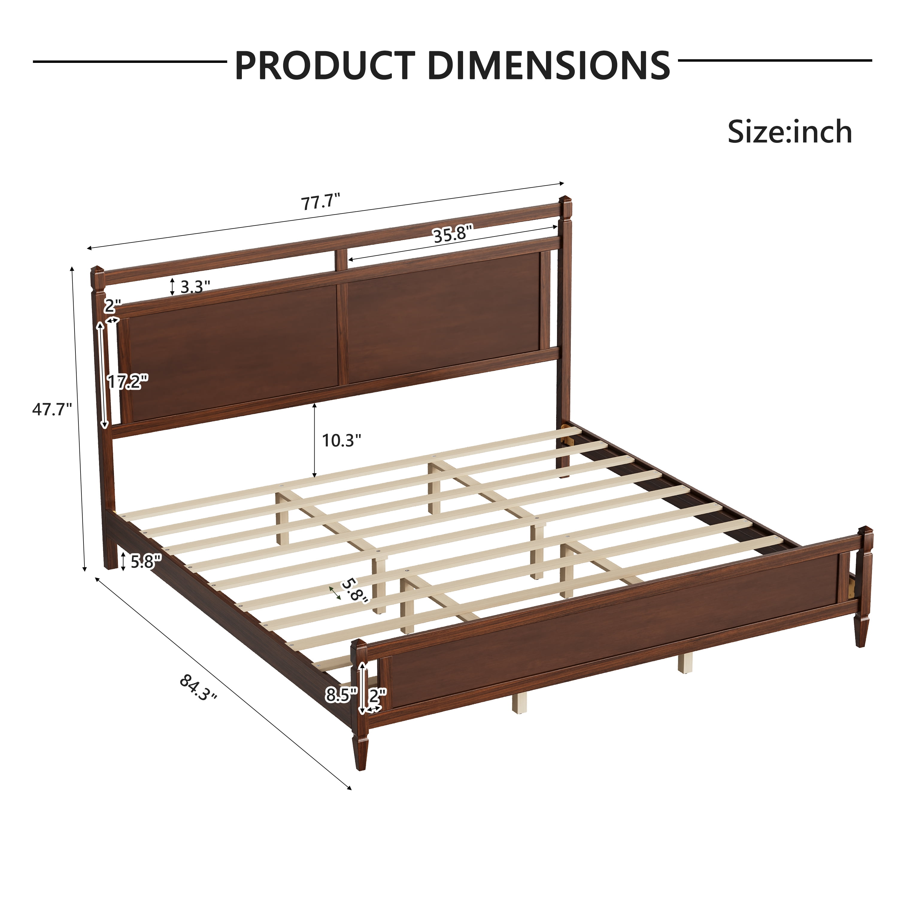 Euroco Modern Wood King Size Platform Bed, Mid-Century Bed Frame with Panel Headboard, No Box Spring Needed, Dark Walnut