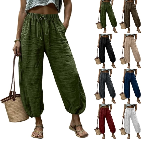 Zpzdpjkx Drawstring Cotton Linen Pants for Women High Waist Cropped Wide Leg Summer Trousers Army Green M