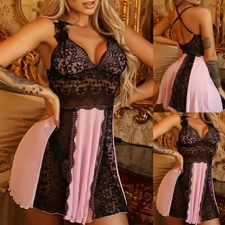 GZWYHT Nightgowns for Women Clearance Women S Sleepwear New Embroidered Mesh Lace Hollow Out Cross Backless Babydoll Nightdress Pajamas Women S Nightgowns & Sleepshirts Babydoll Lingerie  Pink 3XL