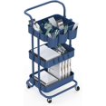 thumbnail image 1 of 3-Tier Rolling Utility Cart Movable Storage Organizer Shelves with Wheels and Hanging Cups Multifutional Service Cart for Kitchen, Office, Coffee Bar - Navy Blue, 1 of 8
