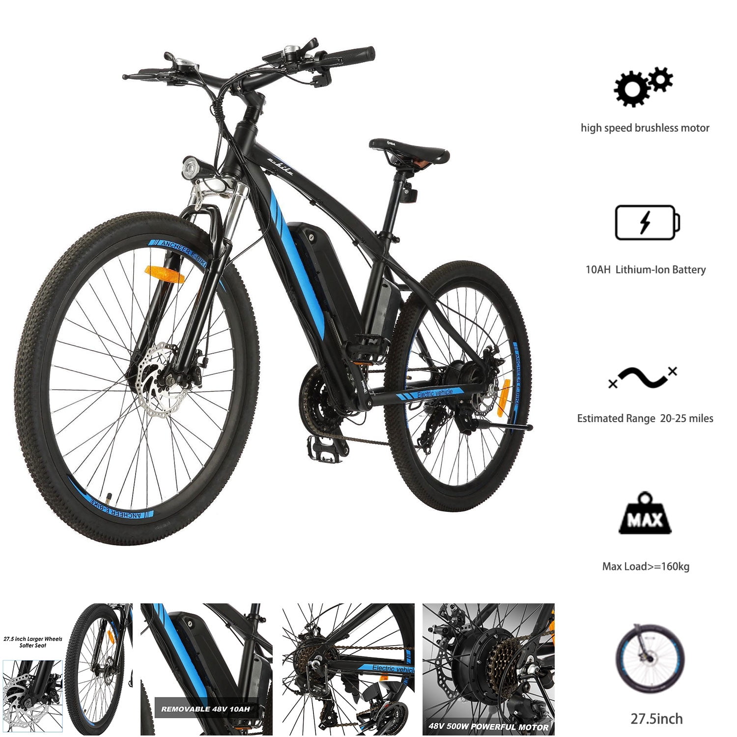 Electric Mountain Bike 27 5 Electric Bicycle Newest 500w Ebike With 48v 10a Lithium Ion Battery For Adults 21 Speed And Lcd Led Display Walmart Com