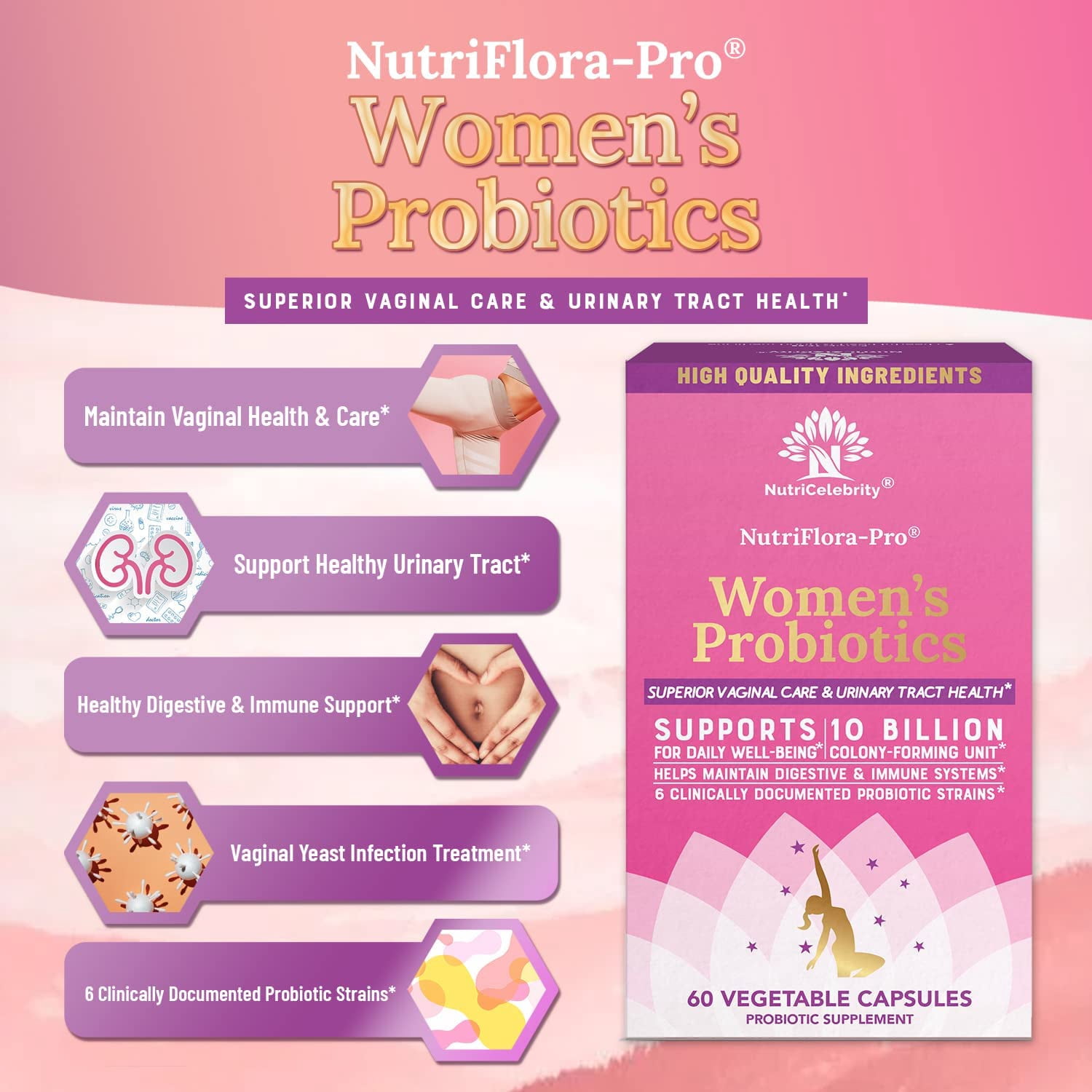 Nutricelebrity NutriFlora-Pro Probiotics for Women - Support Vaginal, Urinary Health (UTI), Digestive System, Period Pain, Yeast, and BV Relief, Cranberry Pills, 10 Billion CFU 6 Strains (60 Caps)