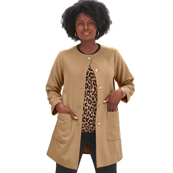Jessica London Women's Plus Size Collarless Button Front Coat