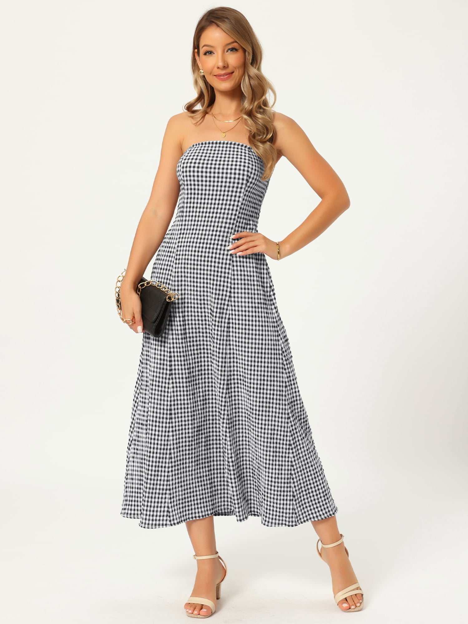 DARING DIVA Women's Gingham Strapless Maxi Summer Casual Sundress M Black
