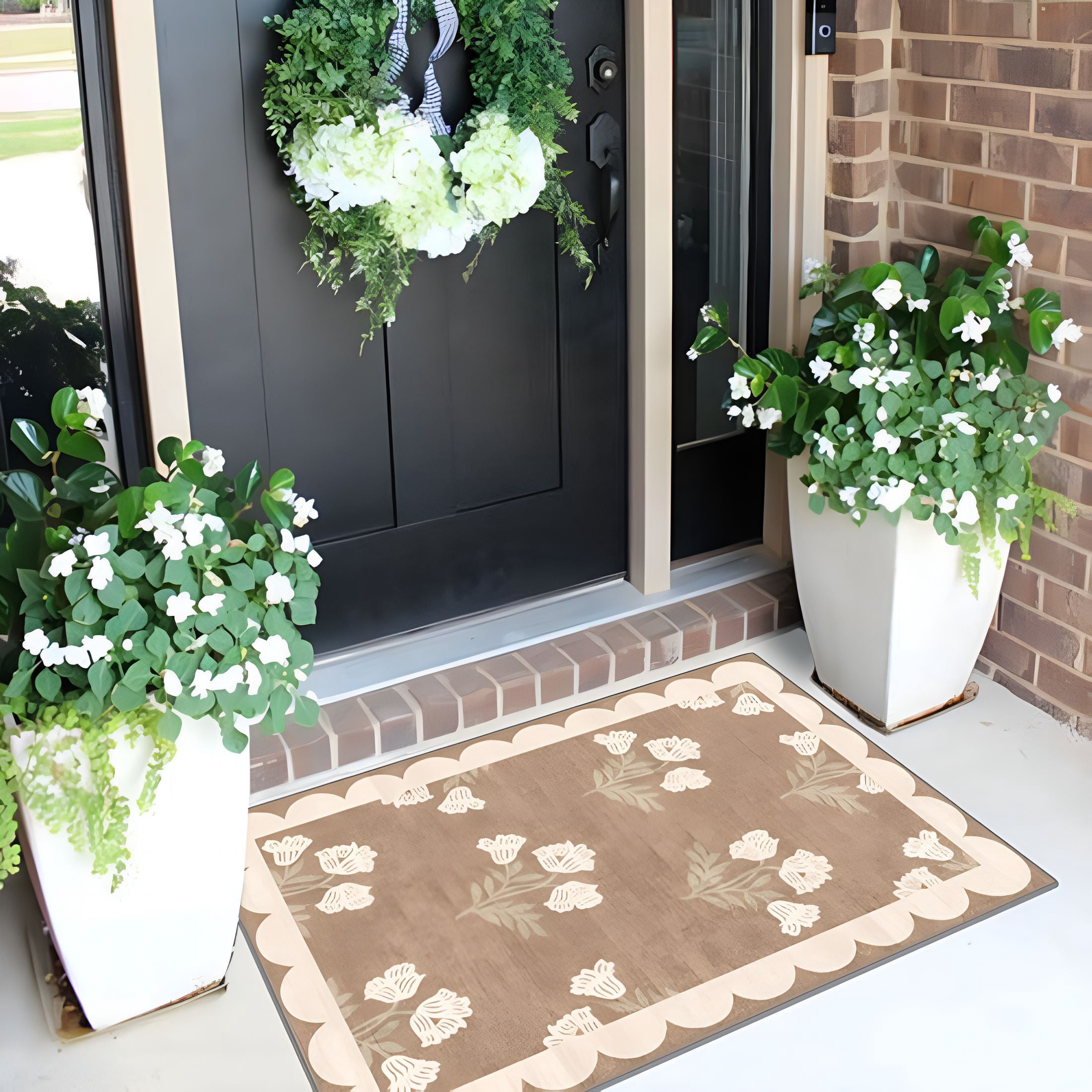 RLESO Front Door Mat Outside Entrance - 2X3 Floral Non-Slip Washable Doormat Indoor Outdoor Mat Tan Neutral Farmhouse Scalloped Entry Rug Small Throw Rugs for Entryway Kitchen Front Porch Decor