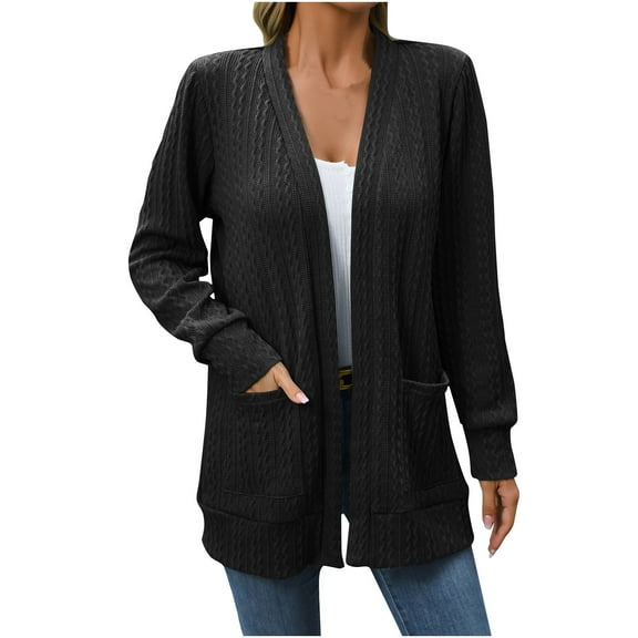 QUYUON Black Sweater Cardigan Discount Long Sleeve Long Cardigan Women Polyester Fall Cardigan Cardigan Jacket Style Q-7388 Winter Knit Sweater Outerwear Coat Black XXL