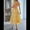 thumbnail image 4 of Vestido Midi Informal de Verano para Mujer, con Mangas , Escote en V, Fruncido y Volantes Escalonados. Amarillo M, 4 of 7