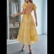 thumbnail image 4 of Vestido Midi Informal de Verano para Mujer, con Mangas , Escote en V, Fruncido y Volantes Escalonados. Amarillo L, 4 of 7
