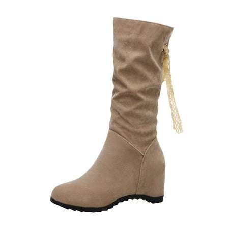 

TAIAOJING Women s Boots Ladies Solid Color Suede Lace Ribbon Inner Fashion Medium Boots Casual Shoes