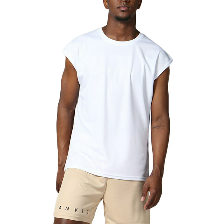 Men Cotton Blend Tank T-Shirt Loose Broad Shoulder Workout Sleeveless Shirt  Vest