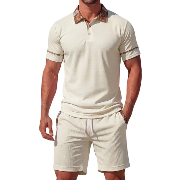 Bpyeka Men's Plaid-Trimmed Waffle Matching Set, Point Collar Short Sleeve Top & Drawstring Waist Shorts, Preppy Casual Two-Piece Outfit, 2XS-2XL