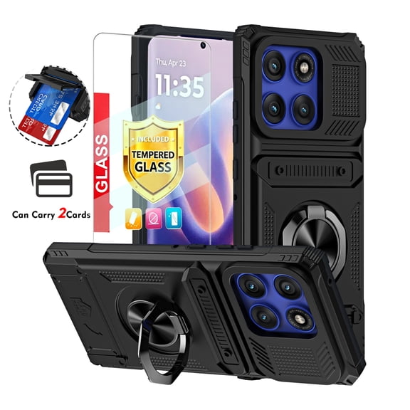Kryonix for Motorola Moto Edge 60s Case with Screen Protector,Wallet with Card Holder [Store 2 Cards]   360° Magnetic Rotated Ring Kickstand,Heavy Duty Drop Protection Phone Cover,Black