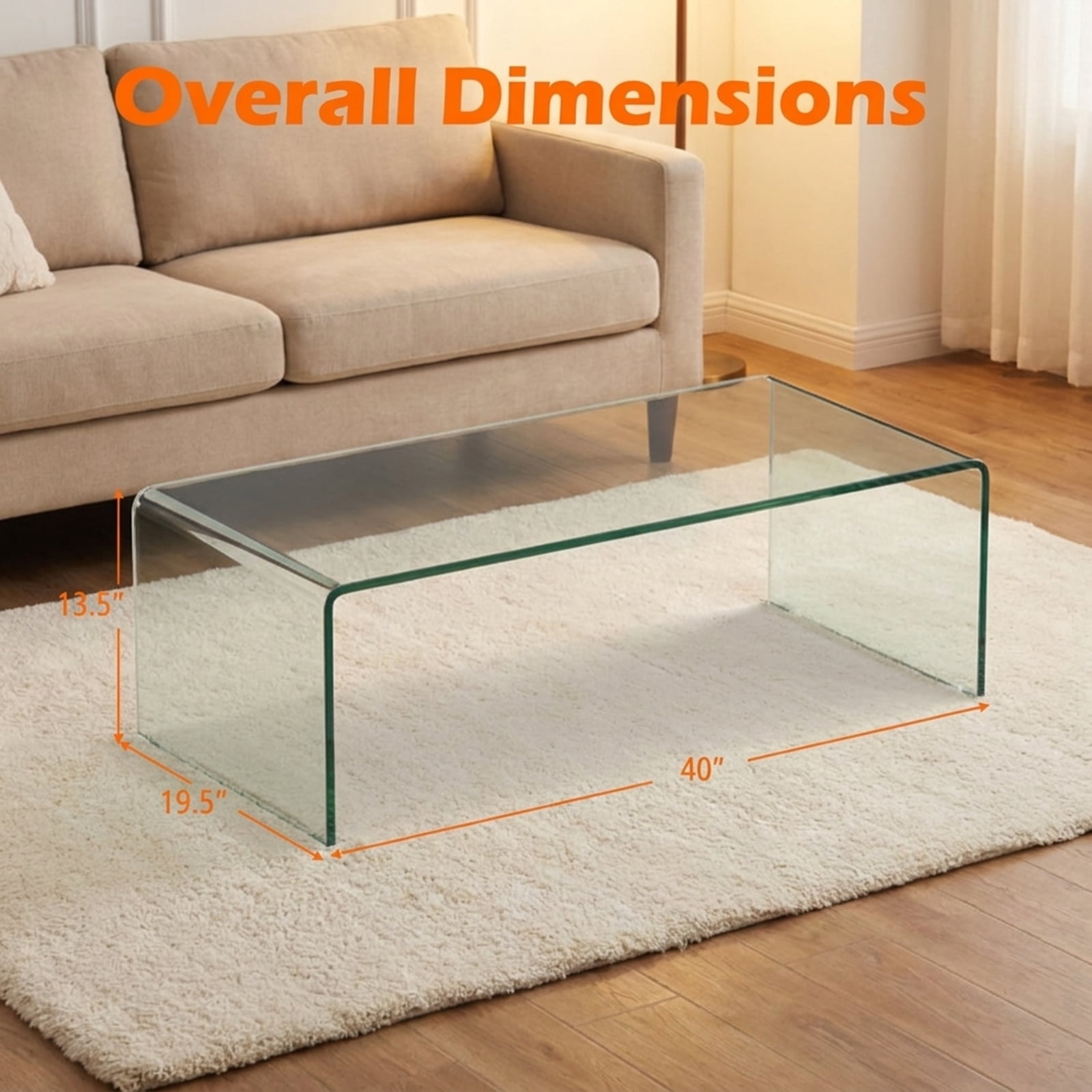 Furnibear Clear Glass Coffee Table, 42.5 Inch Rectangle Tempered Glass Coffee Table with Rounded Edges for Living Room, Transparent